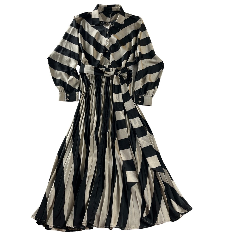 VICI Black Cream Striped Accordion Pleated Maxi Shirt Dress XL Belted